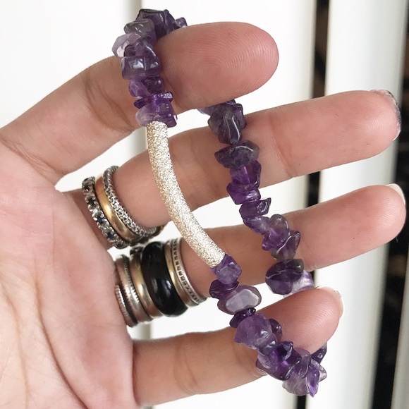 amethyst gem chips silver bar bracelet - Picture 4 of 8